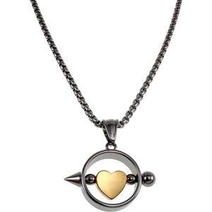 55cm x 2mm Jasseron-Ketting + Bicolor Hanger Unisex - RVS Ketting met Ronde Hanger met Goudkleurige Hart - Handgemaakt