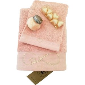 Walra - Geborduurde Handdoek en Washandje voor Mama - Zalmroze - Moederdag cadeau - Oneindig teken met hartje