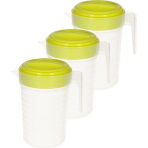 3x stuks transparante/groene waterkan met deksel 1 liter kunststof