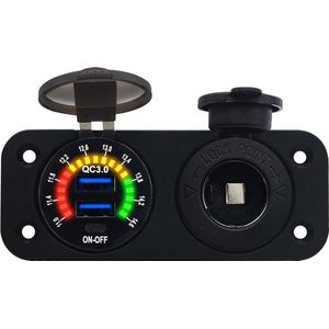 ProRide 12V USB Autolader2 Poorten Inbouw met Schakelaar/Voltmeter - QC3.0 - met 12/24V Sigaretten stopcontact