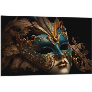 Vlag - Venetiaanse carnavals Masker met Blauwe en Gouden Details tegen Zwarte Achtergrond - 105x70 cm Foto op Polyester Vlag