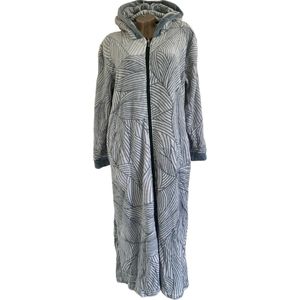 Dames badjas fleece extra lang rits met zakken en capuchon XXL/XXXL grijs-groen-wit