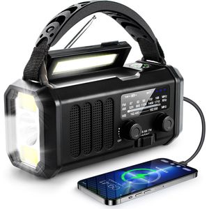 QuickPrep Noodradio Zwart – 10.000mAh Powerbank – Solar & Opwindbaar – Dynamo Radio met Zaklamp – Oplaadbaar via Zonne-energie – Survival Radio – Camping – Solar Powerbank - Noodpakket – Emergency Gear