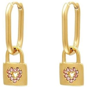 earrings - oorbellen - kleur goud met roze zirkonia steentjes - slot - nieuwe collectie - moederdag cadeau - valentijn kado tip - hart - heart - gift - present - kerst