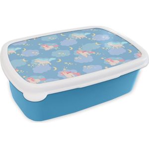 Broodtrommel Blauw - Lunchbox - Brooddoos - Unicorn - Patronen - Sterrenhemel - 18x12x6 cm - Kinderen - Jongen