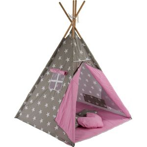 Speeltent - Tipi Tent - Met Grondkleed & Kussens - Speelhuisje - Tent voor kinderen - Grijs-Roze