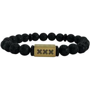 Handgemaakte Heren Armband met Lava Kralen en RVS Tussenstuk - Zwart - Op maat gemaakt - Amsterdam - XXX - Mokum - 020 - Kralen armband voor heren en dames - Natuursteen