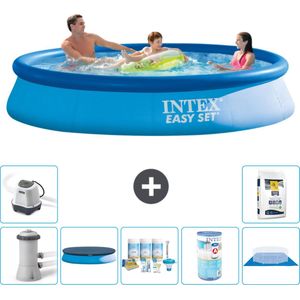 Intex Rond Opblaasbaar Easy Set Zwembad - 366 x 76 cm - Blauw - Inclusief Pomp Afdekzeil - Onderhoudspakket - Filter - Grondzeil - Zoutwatersysteem - Zwembadzout