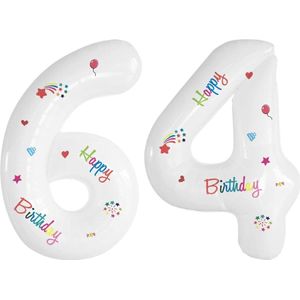 Folie Ballonnen Cijfers 64 Jaar Happy Birthday Verjaardag Versiering Cijferballon Folieballon Cijfer Ballonnen Wit 70 Cm