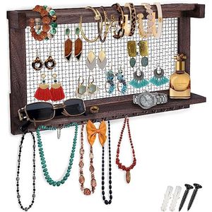 Boho-chic sieraden organisator, wandplank met verwijderbare armband bar, met 16 haken, perfecte opslag voor hoepel oorbellen, kettingen en Armbanden, Sieraden display