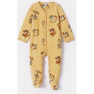 Woody kruippakje baby unisex velours - geel - katten all-overprint - 252-10-RBF-V/920 - maat 56