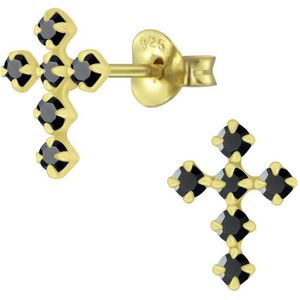 Joy|S - Zilveren kruis oorbellen - 7 x 10 mm - zwart kristal - 14k goudplating