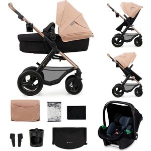 Kinderkraft MOOV 2 AIR - 3-in-1 Kinderwagen - Wandelwagen en kinderwagen - Grote opblaasbare wielen - TRAVEL SYSTEM met MINK PRO i-Size autostoeltje - Kap met UPF50+ filter - Accessoires: bekerhouder, muskietennet, regenhoes, tas voor ouders - Beige