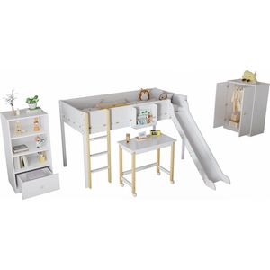 Merax Complete Kinderkamer Set – 3-delig – Hoogslaper met glijbaan en bureau - kledingkast en boekenkast – 90x200 cm – Wit/Naturel – Kieferhout + MDF