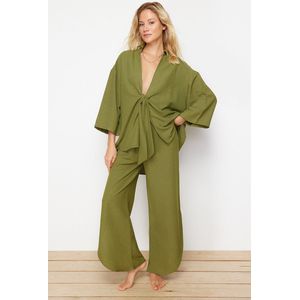 Trendyol Strandkleding Beige Geweven Geknoopte Linnenmix Overhemd En Broekset Tbess24Au00031