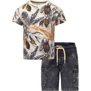 Noppies - Bio kledingset - 2delig - broek Short Glan - Ebony - shirt Gingoog Antique White all over print - Maat 104