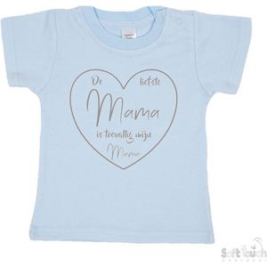 Soft Touch T-shirt Shirtje Korte mouw ""De liefste mama is toevallig mijn mama"" Unisex Katoen Blauw/grijs Maat 62/68