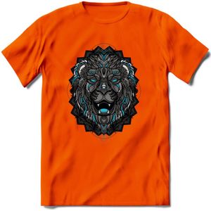 Leeuw - Dieren Mandala T-Shirt | Lichtblauw | Grappig Verjaardag Zentangle Dierenkop Cadeau Shirt | Dames - Heren - Unisex | Wildlife Tshirt Kleding Kado | - Oranje - 3XL