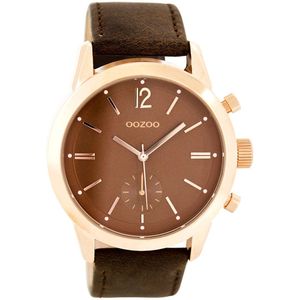 OOZOO Timepieces - Rosé goudkleurige horloge met donker bruine leren band - C8014