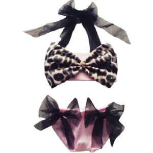 Maat 128 Bikini roze tijgerprint strik met zwarte tulle strikjes dierenprint Baby en kind zwemkleding roze