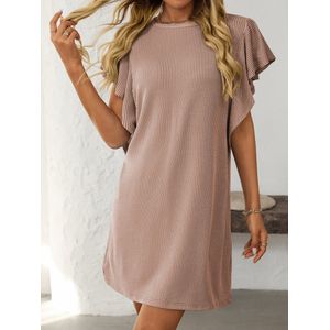 Zomerjurk voor dames met ruches, elegante mini-jurk, midi-jurk met korte mouwen Abrikoos XL