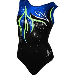 Fairysports Turnpakje Spirit maat 110-116 meisjes gympakje blauw groen zwart met zilveren steentjes