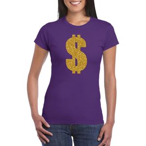 Gouden dollar / Gangster verkleed t-shirt / kleding - paars - voor dames - Verkleedkleding / carnaval / outfit / gangsters M