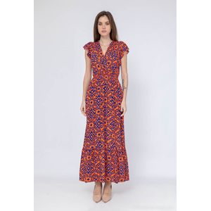 Lange dames jurk Judy fantasiemotief konings blauw royal blue oranje Maat XS strandjurk