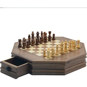 Pro-Care XL Hexagon Super de Luxe Walnoot Handgemaakt Schaakbord - Super Sized 33x33x6cm - Walnoot/Esdoorn - Walnoot Schaakstukken Wit en Zwart in Ingebouwde Laden - Schaken - Schaakspel - Chess