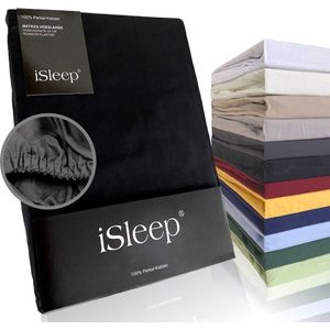 iSleep Perkal Hoeslaken - 100% Perkal Katoen - Hoge Hoek - Rondom Elastiek - Eenpersoons - 90x220 cm - Zwart