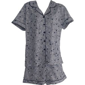 Dames - Shortama - 2 Delig - Blouse korte mouwen/Korte broek - Kleur Grijs - All over print met hartjes - Maat 40/42