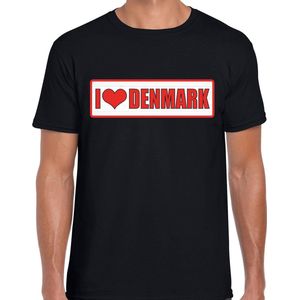 I love Denmark / Denemarken landen t-shirt met bordje in de kleuren van de Deense vlag - zwart - heren -  Denemarken landen shirt / kleding - EK / WK / Olympische spelen outfit S