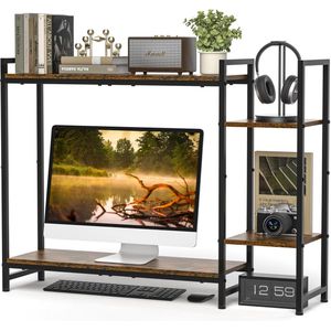 JGS ® Bureau-opzetstuk met Stijlvolle Houten Planken en Ergonomische Monitorverhoging voor Kantoor en Slaapzaal
