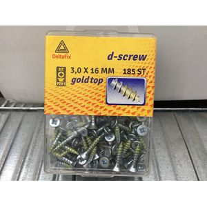 Hardhoutschroef. 3.0 x 16mm. lang. Platkop-Kruiskop-PZD-1. met Smeerfilm. Verzinkt. 185 stuks spaanplaatschroeven. Deltafix. D-Screw-Gold-Top.