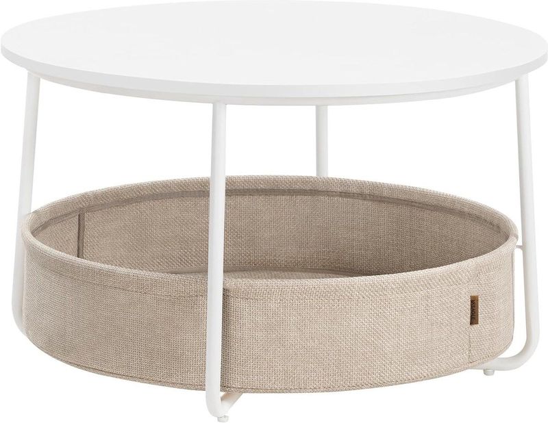 VASAGLE Ronde Salontafel met Opbergbak – Bijzettafel voor Woonkamer • Modern Design • Met Stoffen Mand • Metalen Frame • Mat Wit en Camelbruin – Model LCT244W10