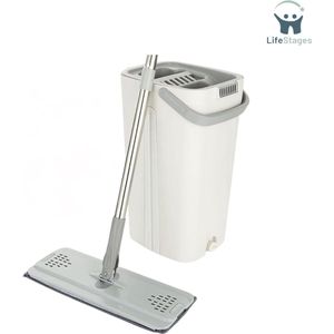 LifeStages - Dwijl en Emmer Set - Platte Mop en Emmer Set - Handsfree Squeeze Mop met 10 Herbruikbare Microfiber Mop Pads en Roestvrij Staal 123cm Lange Handgreep - Microfiber Vloer Mop voor Betegeld, Marmer, en Hardhout - Wit