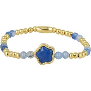 *My Bendel - Gouden armband met Blue Aventurine edelsteen - Gouden kralenarmband met bloemenbedel van Blue Aventurine bloem bedel - Met luxe cadeauverpakking
