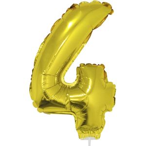 Gouden opblaas cijfer ballon 4 op stokje 41 cm