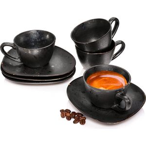 Espresso kopjes met schotetjes, set van 8 espresso kopjes van aardewerk, modern design, 80 ml