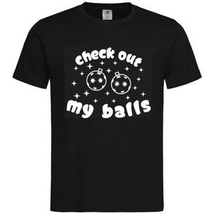 T-shirt Unisex Volwassenen Fout Foute Kerst Kerstmis Grappig Grappige Tekst "Check out my balls" Voodoo Bear | korte mouw | Zwart/wit | maat S