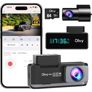 Olvy Dual Dashcam - Voor Auto - Camera Voor en Achter - 4K - Full HD - Nachtzicht - Met 64GB SD - Wifi - Parkeermodus