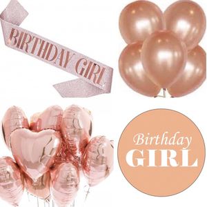 Birthday Girl set rosé goud 15-delig met sjerp, ballonnen en button - verjaardag - sjerp - birthday queen - ballon - button