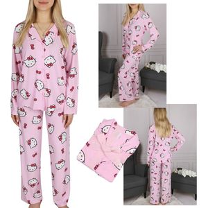 Hello Kitty Roze damespyjama met lange mouwen, wijde pijpen, knoopsluiting