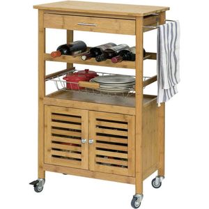 Bamboe Keukentrolley met Wielen - Theewagen - Serveerwagen - Flessenrek, Handdoekhouder, Afneembare mand - 60 cm x 92 cm x 36 cm