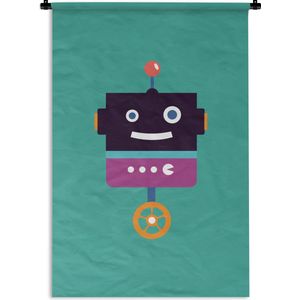 Wandkleed - Wanddoek - Robot - Wiel - Paars - Groen - Jongens - Kids - 60x90 cm - Wandtapijt