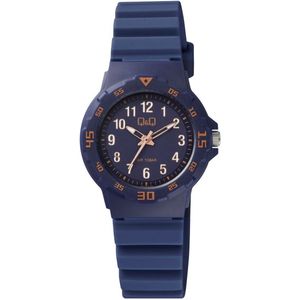 Q&Q VR19J018Y - Horloge - Sport - Analoog - Dames - Vrouwen - Kinderen - Plastic band - Rond - Kunststof - Cijfers - Donkerblauw - Oranje - 10 ATM