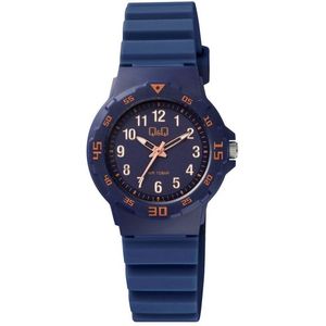 Q&Q VR19J018Y - Horloge - Sport - Analoog - Dames - Vrouwen - Kinderen - Plastic band - Rond - Kunststof - Cijfers - Donkerblauw - Oranje - 10 ATM