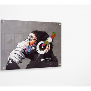 Banksy DJ Monkey Thinker with Headphones - Denkende Aap met Koptelefoon - Acrylglas Perspex Plexiglas Print