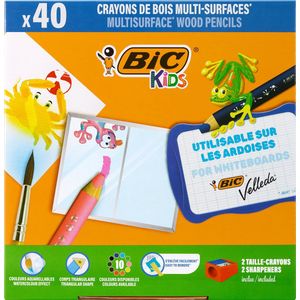 BIC Kids Multisurface Kleurpotloden met Driehoekige vorm - Uitwisbaar op Niet-Poreuze Oppervlakken - 4 x 10 Kleuren - Classpack van 40 potloden + 2 Puntenslijpers