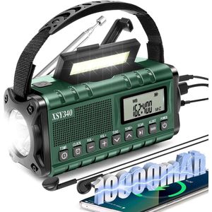 Noodweer radio met AM/FM/NOAA – 10000mAh handcrank noodradio met zonnepaneel en USB-C opladen – LCD scherm, klok en alarm – draagbare noodradio met telefoon powerbank, SOS alarm, 3W zaklamp – geschikt voor stroomuitval, kamperen en noodsituaties